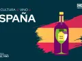 La cultura del vino en España: una botella y copa con una casa dentro, sobre los colores de la bandera española.