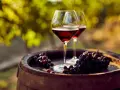 Dos copas de vino tinto y uvas sobre un barril de madera, evocando la esencia de la cosecha Ribera del Duero.