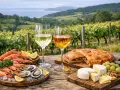 Dos copas de vino blanco, marisco fresco, empanada y quesos, perfectos para acompañar los mejores albariños en un viñedo.