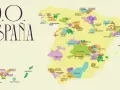 Mapa de España con las distintas denominaciones de origen de vinos. Cada región vinícola está coloreada y etiquetada, mostrando la diversidad de vinos de denominación de origen.