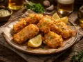Crujiente bacalao rebozado servido en plato con gajos de limón y perejil picado. Acompañado de una salsa verde y cerveza.