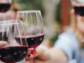 Un brindis con copas llenas de vino tinto, celebrando los mejores vinos de la Rioja Alavesa.