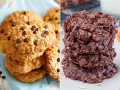 Dos tipos de galletas de avena y chocolate: unas clásicas con chispas y otras tipo "no-bake" oscuras y brillantes.