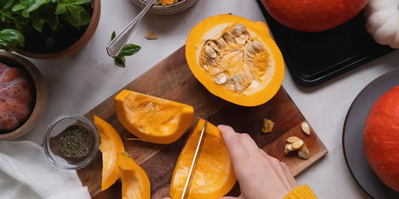 Manos cortando calabaza para deliciosas recetas. Ingredientes frescos listos para cocinar.