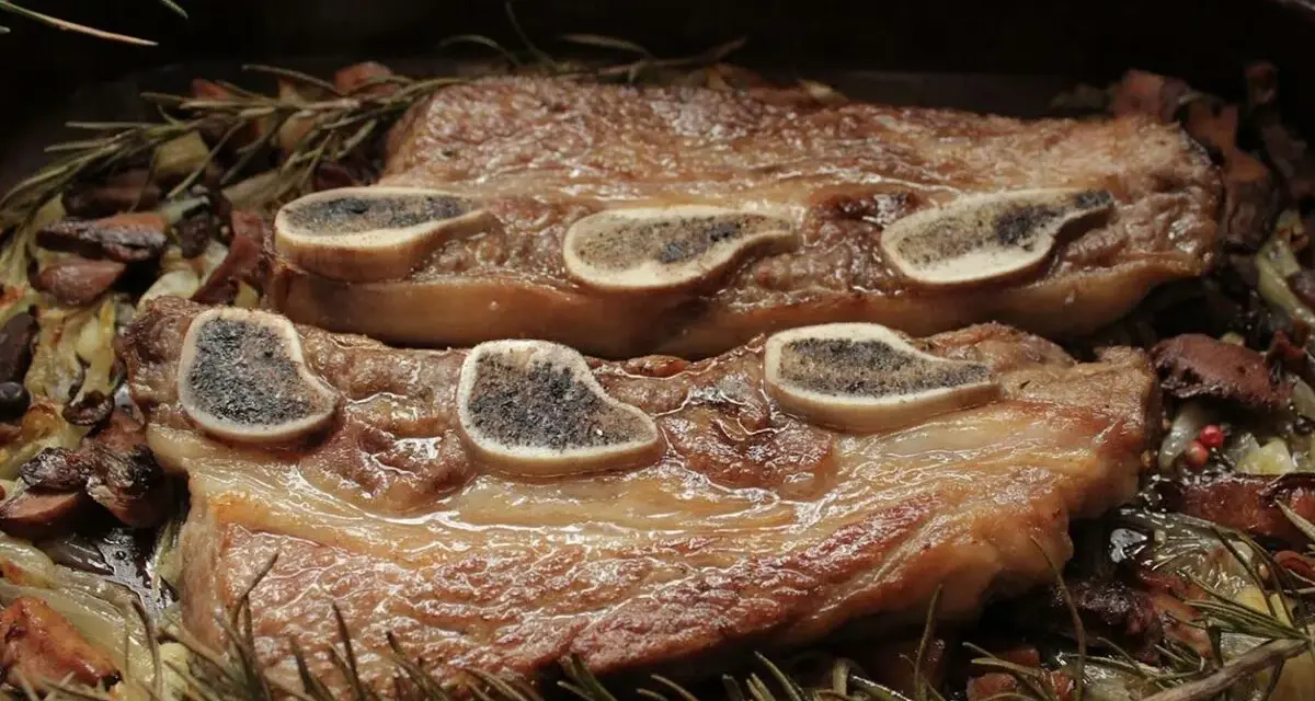 Ternera al horno jugosa, tierna y dorada, servida con champiñones, cebolla y romero fresco. ¡Un festín para los sentidos!