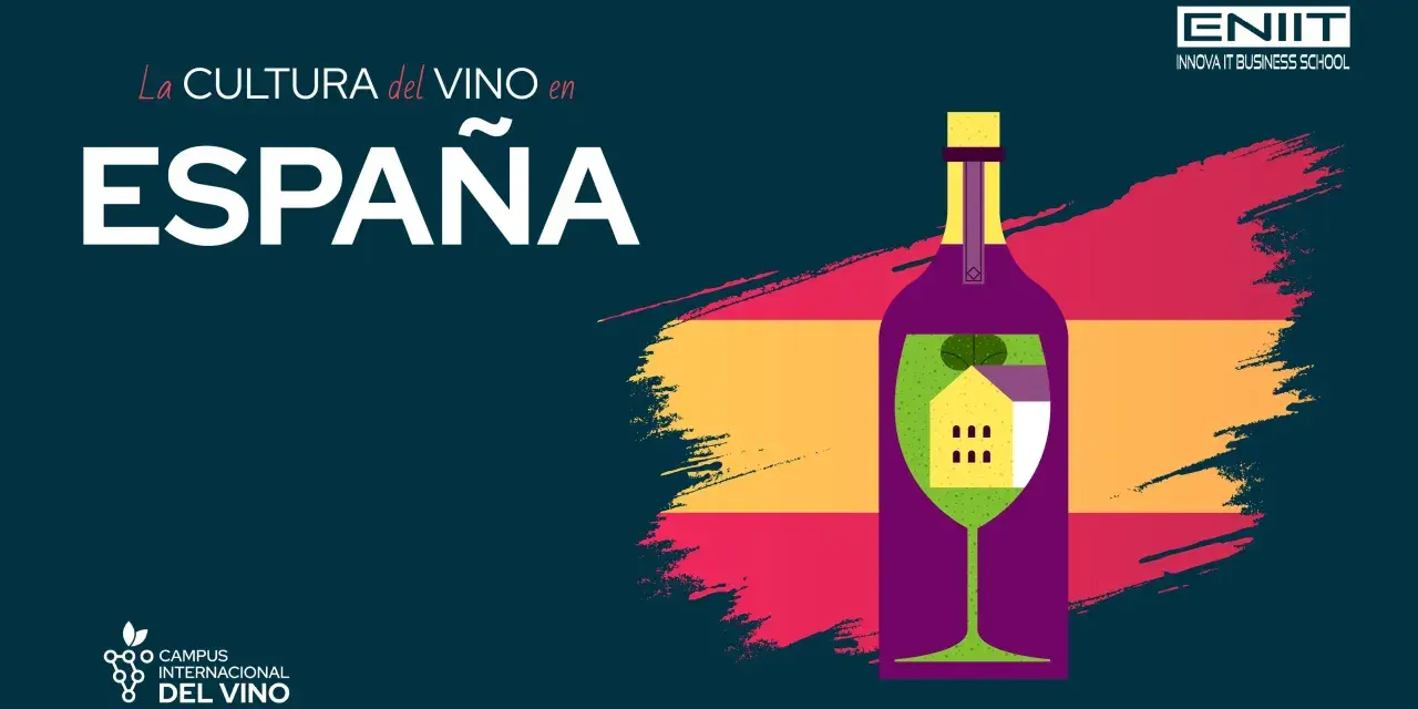 La cultura del vino en España: una botella y copa con una casa dentro, sobre los colores de la bandera española.
