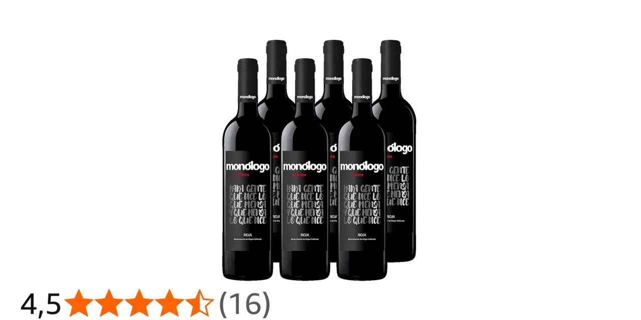 Seis botellas de vino tinto Monólogo Crianza. Las etiquetas muestran "Para gente que dice lo que piensa y piensa lo que dice". Opiniones positivas.