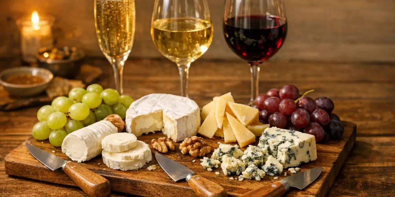 Tabla de quesos variados, uvas verdes y rojas, nueces y copas de vino espumoso, blanco y tinto.