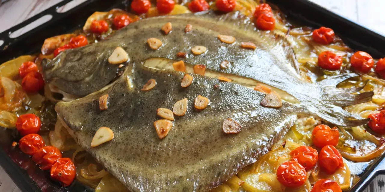 Rodaballo al horno con tomates cherry y láminas de ajo, sobre una cama de hinojo y patatas. Un plato delicioso y aromático.