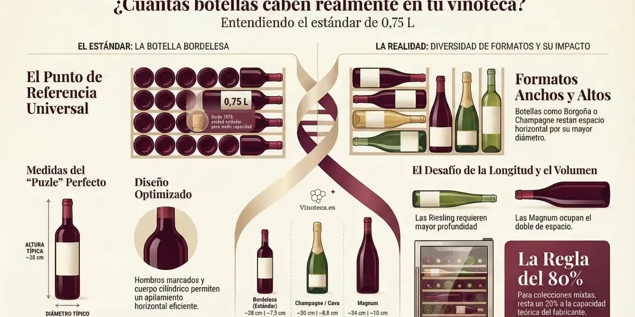 La composición del vino se muestra en botellas de diversos tamaños y formas, comparando el estándar de 0,75 L con formatos más grandes como Magnum.