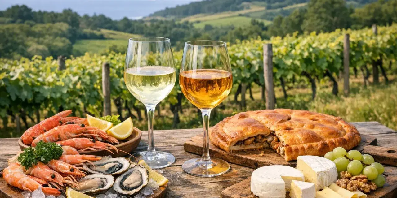 Dos copas de vino blanco, marisco fresco, empanada y quesos, perfectos para acompañar los mejores albariños en un viñedo.