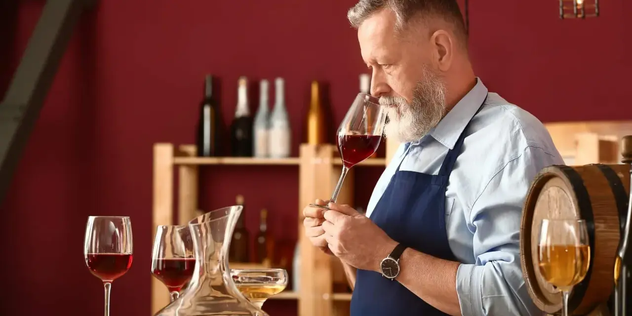 Un experimentado catador de vinos, con barba canosa, huele un cáliz de vino tinto. En la mesa, copas y una jarra con vino.