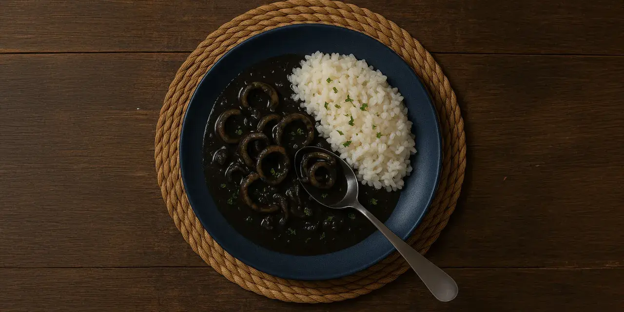 Plato de calamares en su tinta con arroz blanco, servido en un plato azul sobre una esterilla de mimbre.
