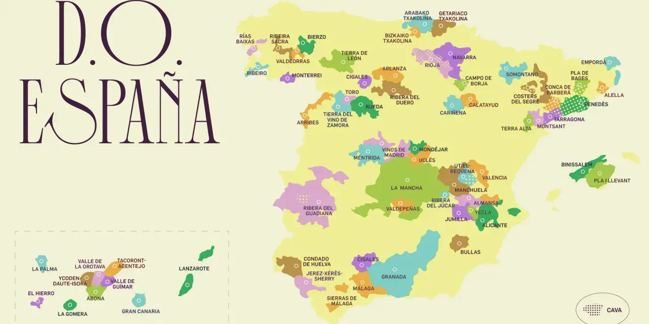 Mapa de España con las distintas denominaciones de origen de vinos. Cada región vinícola está coloreada y etiquetada, mostrando la diversidad de vinos de denominación de origen.