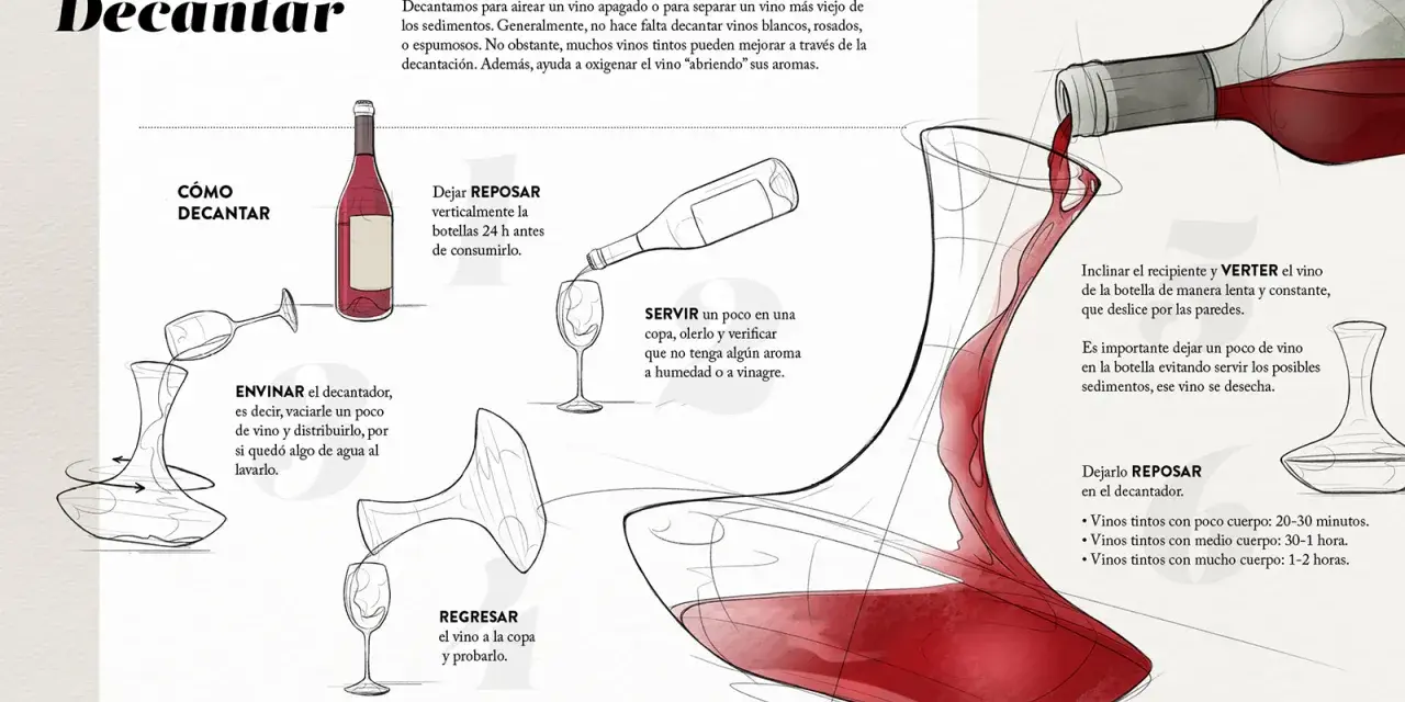 Ilustración explica cómo decantar un vino tinto, aireándolo y separando sedimentos. Incluye pasos como reposar, envinare, verter y dejar reposar en el decantador.
