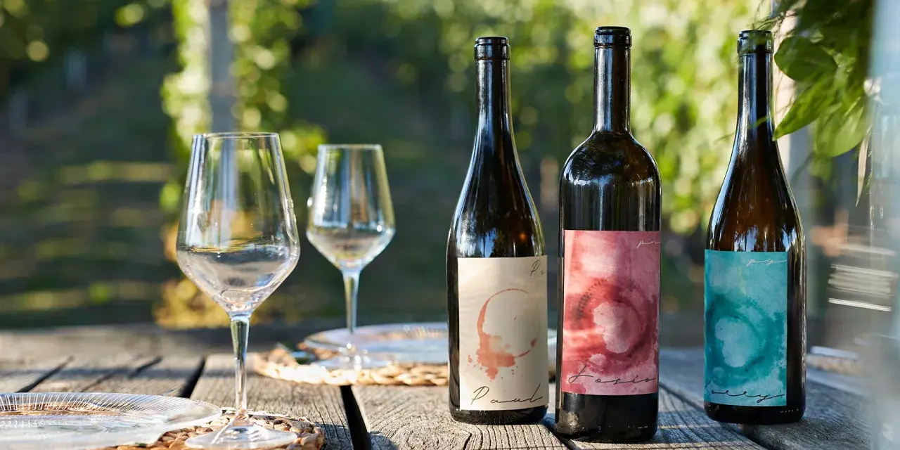 Tres botellas de vino del año con etiquetas artísticas, copas y platos sobre una mesa de madera rústica, con un viñedo al fondo.