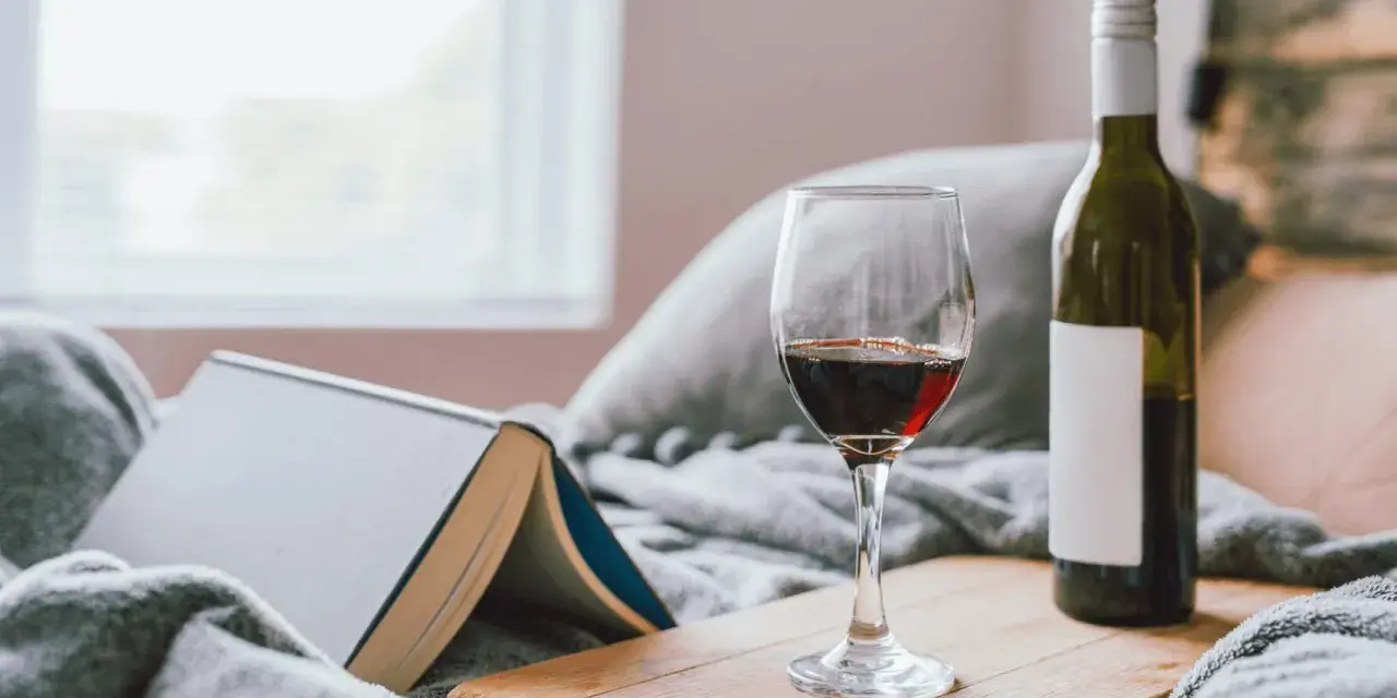 Copa de vino tinto y botella, junto a un libro abierto, sobre una manta gris. Un momento de relax con vino en España.