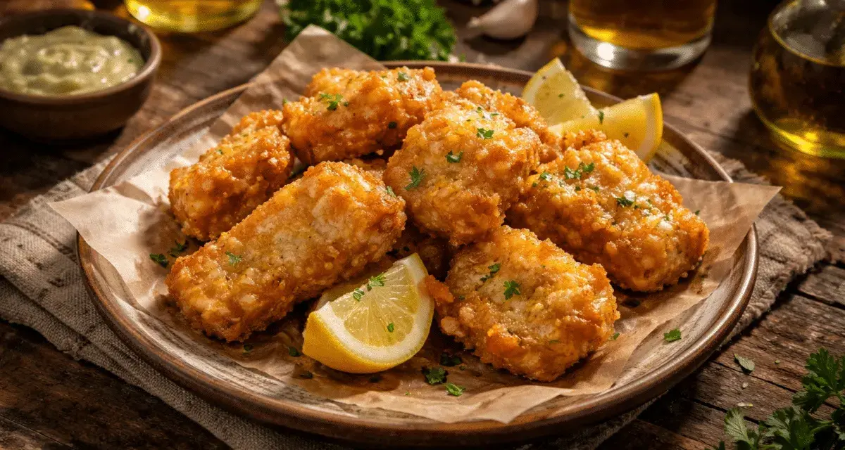 Crujiente bacalao rebozado servido en plato con gajos de limón y perejil picado. Acompañado de una salsa verde y cerveza.
