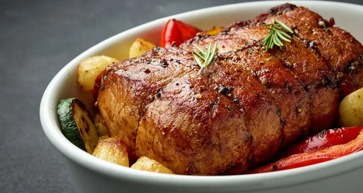 Chuleta de ternera al horno, jugosa y dorada, acompañada de patatas, pimientos rojos y calabacín en una fuente blanca.