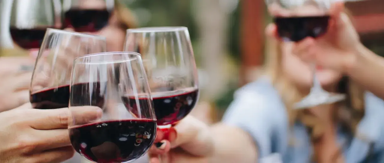 Un brindis con copas llenas de vino tinto, celebrando los mejores vinos de la Rioja Alavesa.