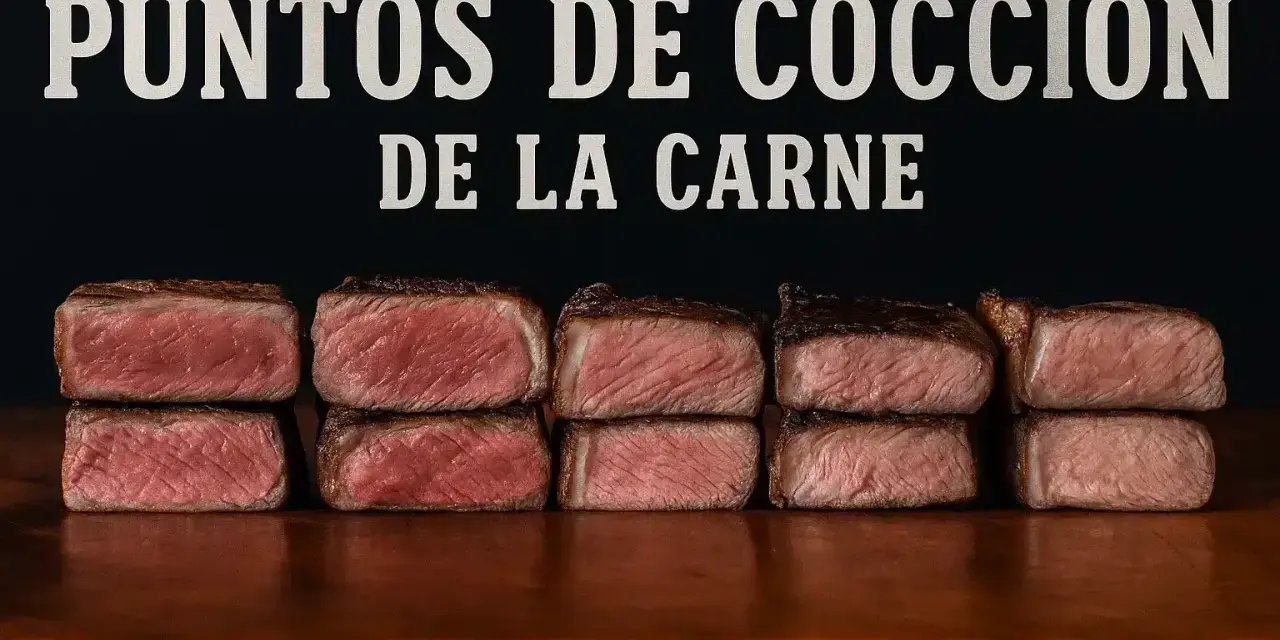 Cinco pares de cortes de carne apilados, mostrando diferentes puntos de cocción.