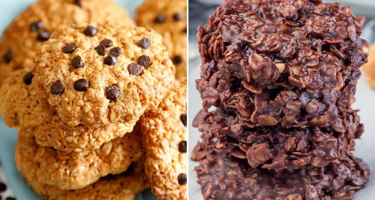 Dos tipos de galletas de avena y chocolate: unas clásicas con chispas y otras tipo "no-bake" oscuras y brillantes.