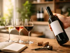 Mano sostiene botella de vino tinto, tres copas llenas y un libro abierto. ¿Que vino es mejor?