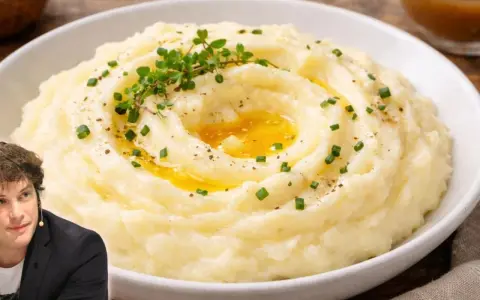 Un hombre sonríe junto a un plato de cremoso puré de patatas, adornado con hierbas frescas y un chorrito de mantequilla derretida.