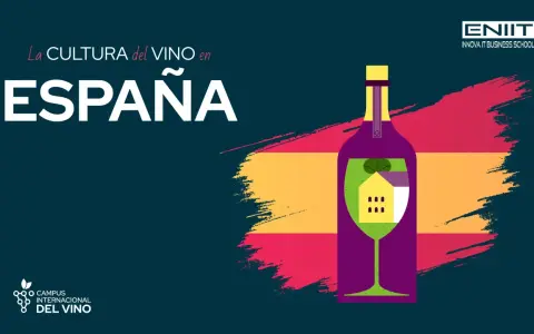 La cultura del vino en España: una botella y copa con una casa dentro, sobre los colores de la bandera española.