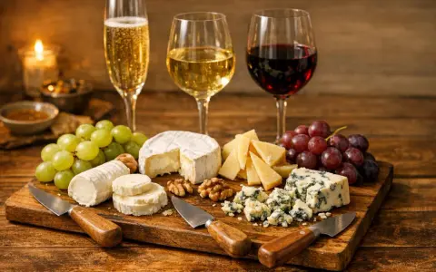 Tabla de quesos variados, uvas verdes y rojas, nueces y copas de vino espumoso, blanco y tinto.