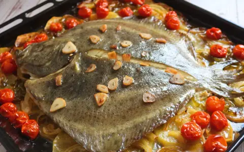 Rodaballo al horno con tomates cherry y láminas de ajo, sobre una cama de hinojo y patatas. Un plato delicioso y aromático.