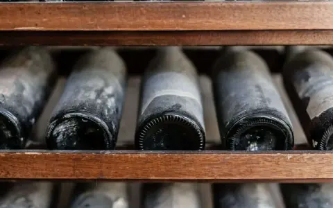 Botellas de vino añejo en estantería de madera, cubiertas de polvo y con el sedimento del vino visible.