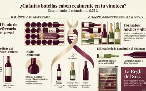 La composición del vino se muestra en botellas de diversos tamaños y formas, comparando el estándar de 0,75 L con formatos más grandes como Magnum.