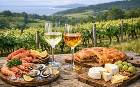 Dos copas de vino blanco, marisco fresco, empanada y quesos, perfectos para acompañar los mejores albariños en un viñedo.