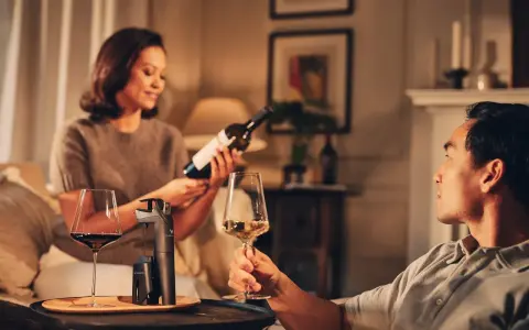 Pareja disfrutando de una copa de vino tinto y blanco. Beber vino es bueno para relajarse y compartir momentos.