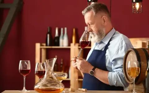 Un experimentado catador de vinos, con barba canosa, huele un cáliz de vino tinto. En la mesa, copas y una jarra con vino.