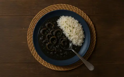 Plato de calamares en su tinta con arroz blanco, servido en un plato azul sobre una esterilla de mimbre.
