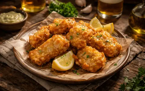 Crujiente bacalao rebozado servido en plato con gajos de limón y perejil picado. Acompañado de una salsa verde y cerveza.