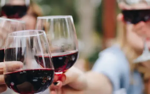 Un brindis con copas llenas de vino tinto, celebrando los mejores vinos de la Rioja Alavesa.