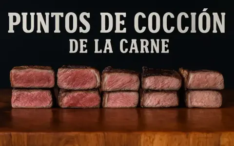 Cinco pares de cortes de carne apilados, mostrando diferentes puntos de cocción.