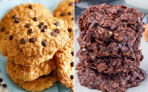 Dos tipos de galletas de avena y chocolate: unas clásicas con chispas y otras tipo "no-bake" oscuras y brillantes.
