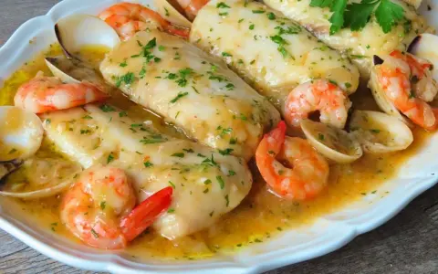 Merluza a la marinera con gambas y almejas, todo bañado en una deliciosa salsa dorada y espolvoreado con perejil fresco.