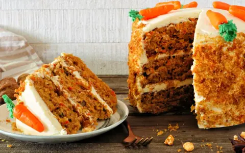 Deliciosa tarta de zanahoria con glaseado cremoso y decoraciones de zanahorias. Una rebanada ya servida en un plato.