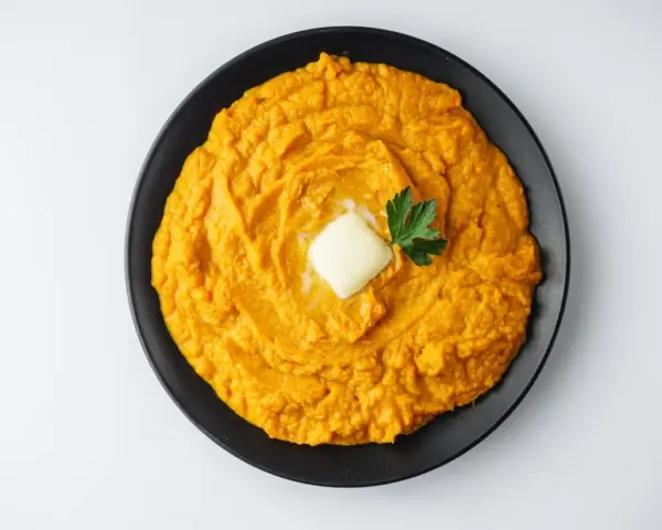Un cremoso puré de boniato, coronado con una pastilla de mantequilla y una ramita de perejil, listo para disfrutar.