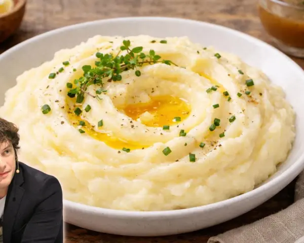 Un hombre sonríe junto a un plato de cremoso puré de patatas, adornado con hierbas frescas y un chorrito de mantequilla derretida.