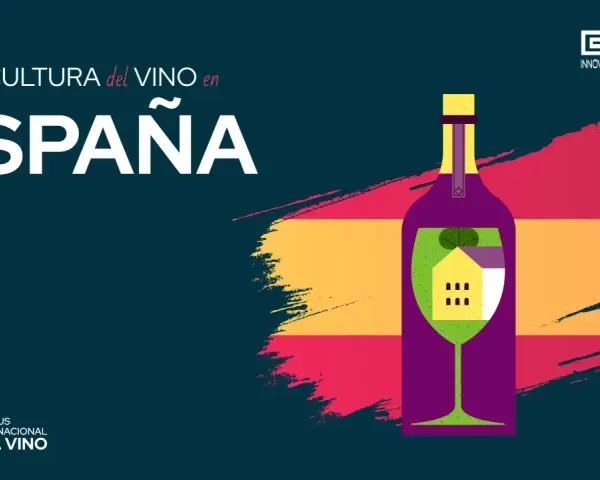 La cultura del vino en España: una botella y copa con una casa dentro, sobre los colores de la bandera española.