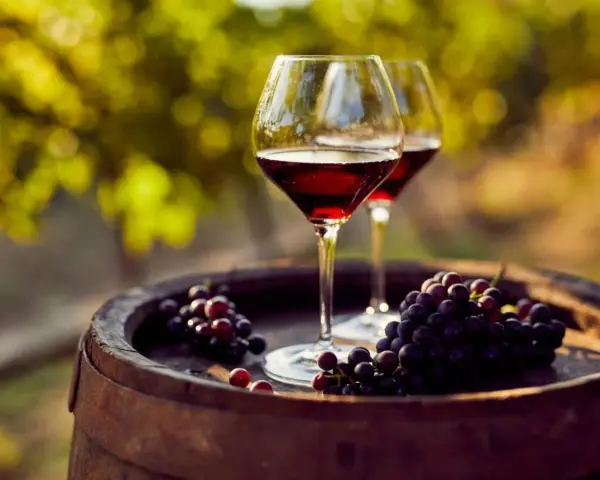 Dos copas de vino tinto y uvas sobre un barril de madera, evocando la esencia de la cosecha Ribera del Duero.
