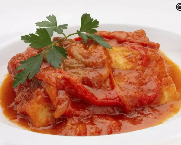 Bacalao a la riojana, un plato tradicional con trozos de pescado blanco cubiertos en una salsa roja de pimientos y tomate, adornado con perejil fresco.