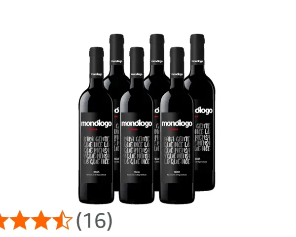 Seis botellas de vino tinto Monólogo Crianza. Las etiquetas muestran "Para gente que dice lo que piensa y piensa lo que dice". Opiniones positivas.