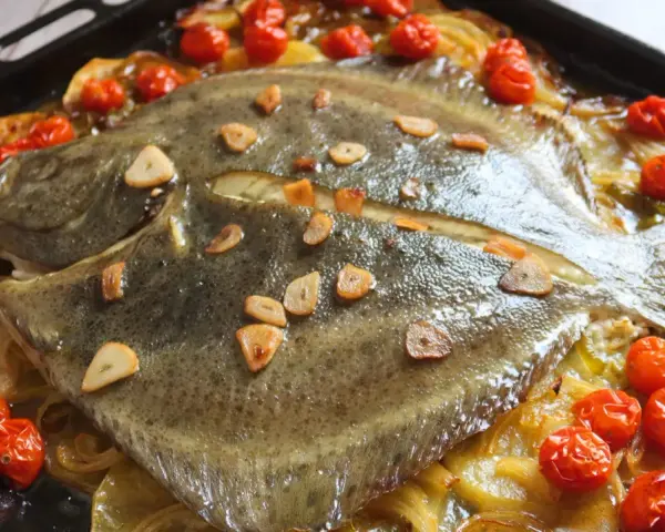 Rodaballo al horno con tomates cherry y láminas de ajo, sobre una cama de hinojo y patatas. Un plato delicioso y aromático.